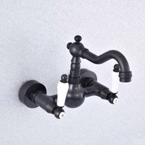 Black Oil Rubbed Bronze Brass Wall Mounted Dual Ceramic Handles Levers Kitchen Bathroom Vessel Sink Faucet Mixer Taps asf704