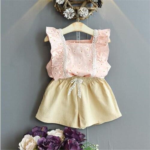 Adorable Kids Baby Girl Clothing Daisy Flower Printed Ruffles Sleeveless T-shirt Top Solid High Waist Shorts Casual Outfits Set