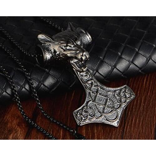 Gothic Mens Biker Black Stainless steel 3MM 24 INCH BOX CHAIN Necklace thunder hammer wolf head pendant large 50*78mm