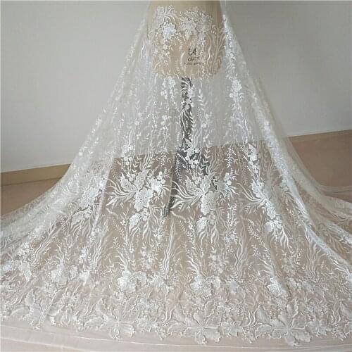 LASUI 1 yard high-end export wedding dress fabric white sequined seaweed flower embroidery net yarn lace fabric X0831