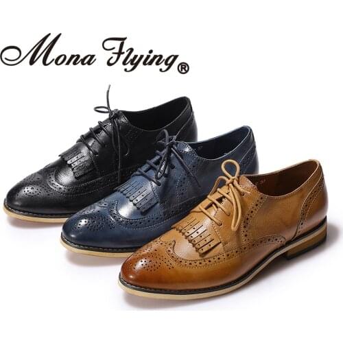 Mona Flying Women Leather Perforated Lace-up Hand-made Oxfords Brogue Wingtip Derby Saddle Shoes for Girls ladis Womens B098-2