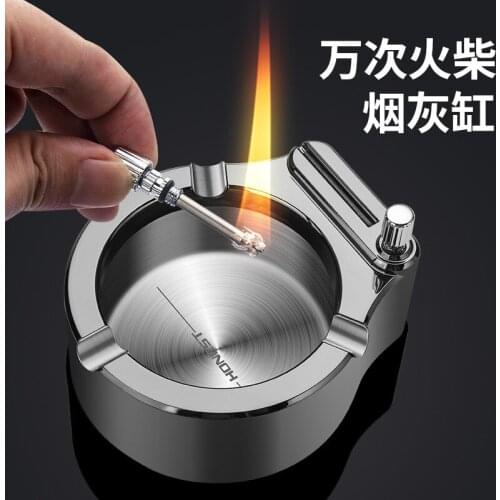 Metal High Texture Ashtray Smokeless Cigar Ashtray with Flint Kerosene Lighter Gadget Portable Office Desktop Decoration
