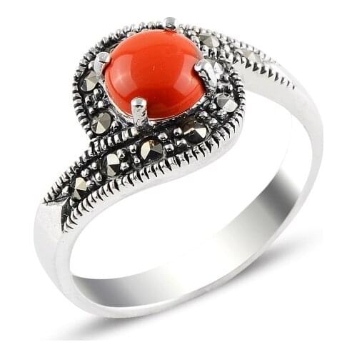 Silver 925 Sterling Coral & Marcasite Ring