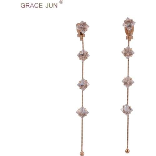 GRACE JUN Simple Temperament Long Chain Clip on Earrings and Drop Pierced for Women AAA CZ Elegant Bridal Wedding Earrings New