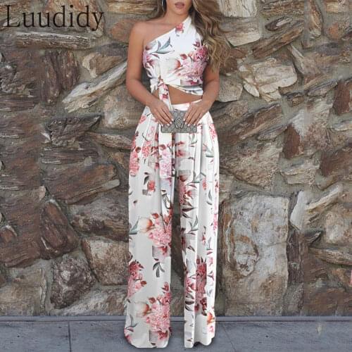 Women Outfits Casual One Shoulder Sleeveless Floral Print Top & High Waist Wide Leg Long Pant Sets