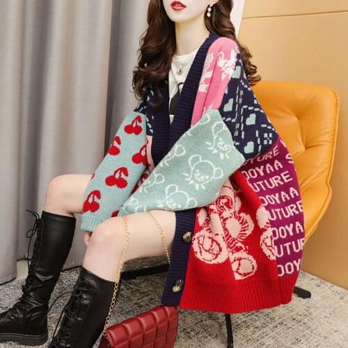 2021 Womens Retro Letter Print Patchwork Knit Oversized Sweater Cardigan Loose Outer Wear Thick Long Sweater Jacket Womens