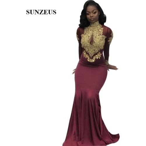 Burgundy Prom Dress With Gold Lace Appliques High Neck Long Sleeves Party Gowns Mermaid Women Formal Wear
