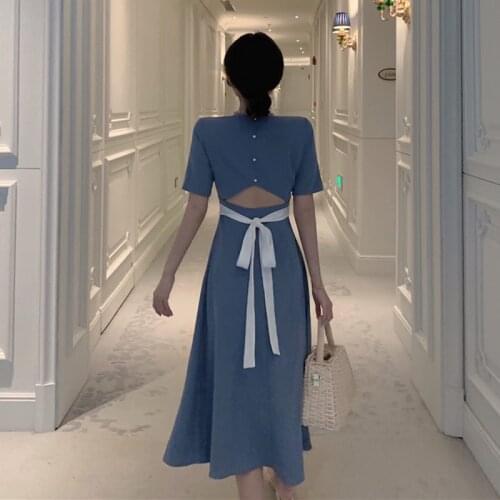 Bella philosophy 2020 Women summer solid dress lady vintage Korean hollow out Backless work dress bow Tie rope female Vestidos