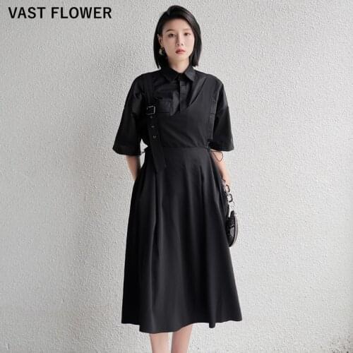 Black Vintage Drawstring Straps Dresses For Women New Sleeveless Casual Loose Fit Elegant Midi Dress Fashion Clothes Summer 2021