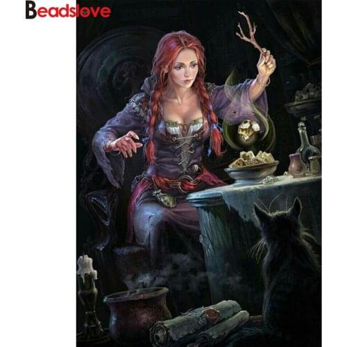 Diy square round drill 5d diamond painting magic witch and cat embroidery with diamonds mazayka diamond mosaic gift needlework