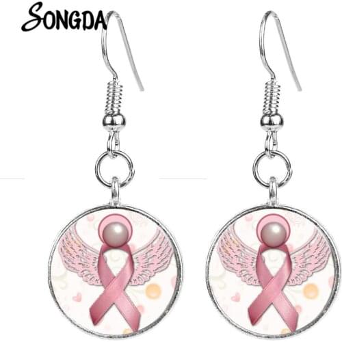 Angel Pink Ribbon Drop Earrings Breast Cancer Awareness Charm Picture Glass Gem Handmade Hook Earrings for Women Jewelry