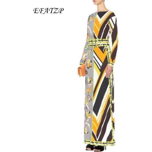 [EFATZP] New Fahion Designer Luxury Maxi Dress Womens Long sleeve Geometry XXL Stretch Jersey Silk Spandex Long Dress