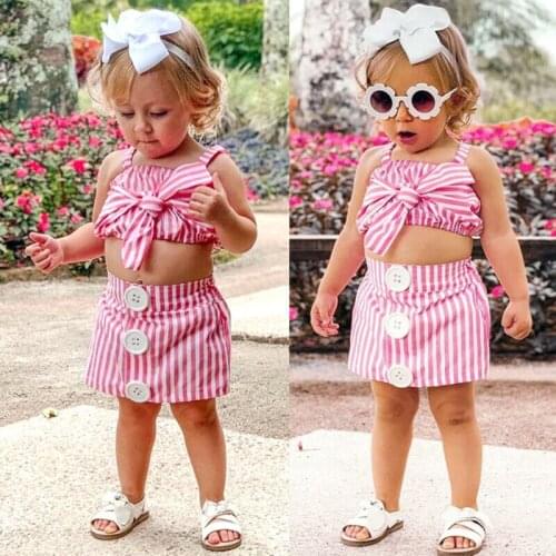 Emmababy Kid Toddler Baby Girl Stripes Crop Top Vest Skirt Dress Outfit Set Party Clothes