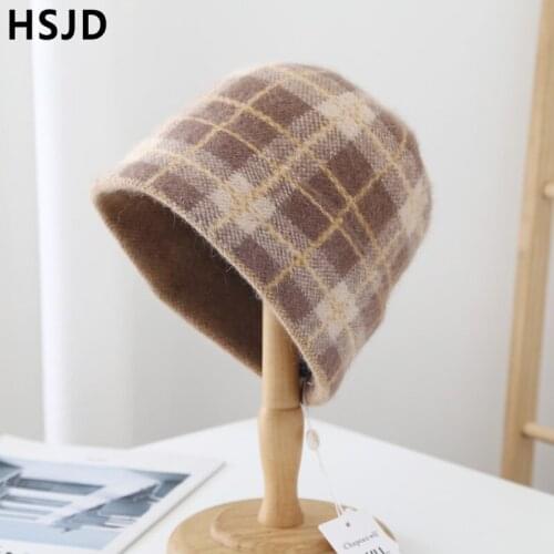 Plaid Beanie Hats for Women Winter Caps Knitted Cashmere Wool Skullies Hat Soft Warm Bonnet Cap Female Fashion Lattice Ski Cap