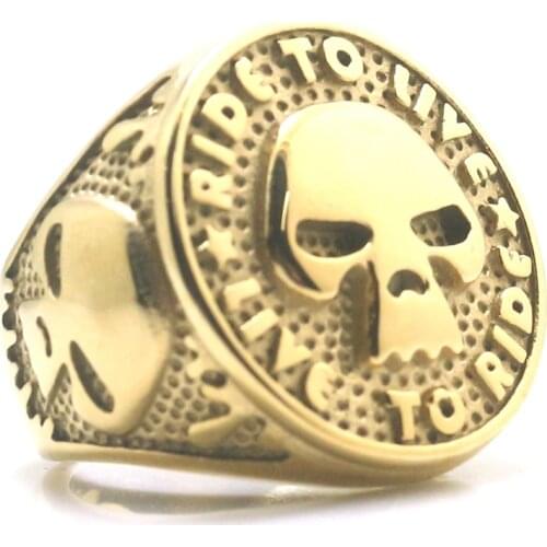 Size 7 to size 15 Unisex 316L Stainless Steel Rider to Live, Live to Ride Biker Golden Skull Ring