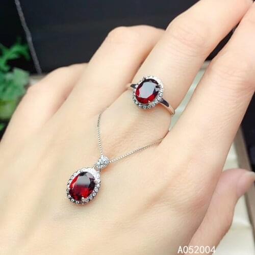 KJJEAXCMY Fine Jewelry 925 sterling silver inlaid natural gemstone garnet female ring pendant set beautiful Support detection