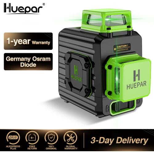 Huepar 2 x 360 Cross Line Self-leveling Laser Level Green Beam Li-ion Battery with Type-C Charging Port & Hard Carry Case