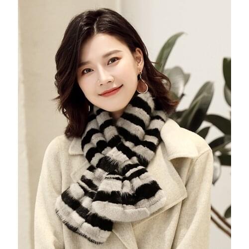 Lantafe Mink Scarf Winter For Women Scarf Real Fur Collar Scarf Stripe Pattern Mink Fur Neck Warm Winter Scarfs Fashion