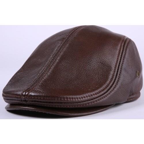 New Arrival Cowhide Leather Hat Female Peaked Cap Mens Fashion Autumn and Winter Hat Elder Warm Cap New Year Gift B-7175