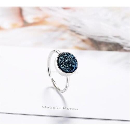 New Arrival Fashion Temperament Round Blue Ore 925 Sterling Silver Jewelry Stone Tooth Crystal Geometric Opening Rings SR625