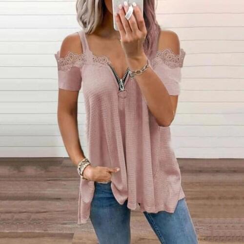 Sexy Summer Short Sleeve Lace Shirt Women Casual Zipper V Neck Loose T Shirt Plus Size Hollow Out Elegant Pullover Tops Tee 2021