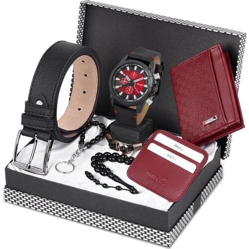 Polo Rucci Men Wristwatch Clock Belt Wallet Card Wallet Rosary Keychain Wristband Kombin Set PL-0361E