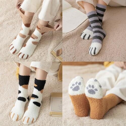 Casual Korea style women socks plush coral fleece female socks autumn winter cat claws cute thick warm funny floor sleep socks
