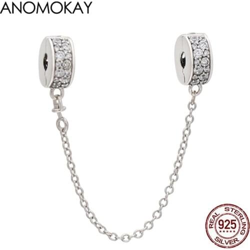Anomokay Luxury Set with Two Line Crystal Silver Safety Chain fit Bracelet & Bangle Real 925 Silver Link Locker for Diy Jewelry