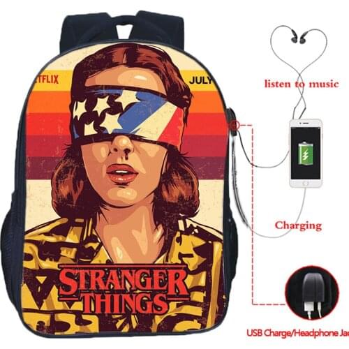 16 Inch Stranger Things 4 Backpack for Boys Girls Usb School Bag Anime Bookbag Zipper Bagpack Teenager Travel Rucksack Mochila