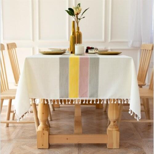 Striped tablecloth party party splicing tassel cotton and linen dust table mat decoration cross-border table cover
