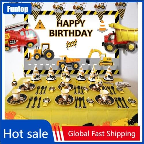 Construction Excavator Vehicle Latex Globos Banner Cake Topper Party Tableware For Birthday Theme Party Decoration Kids Favors