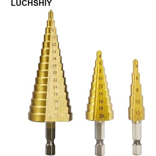 HSS Step Drill Bits 3Pcs Sets 4-12 4-20 4-32 mm Straight Groove Step Drill Bits Titanium Coated Wood Metal Hole Cutter Drilling