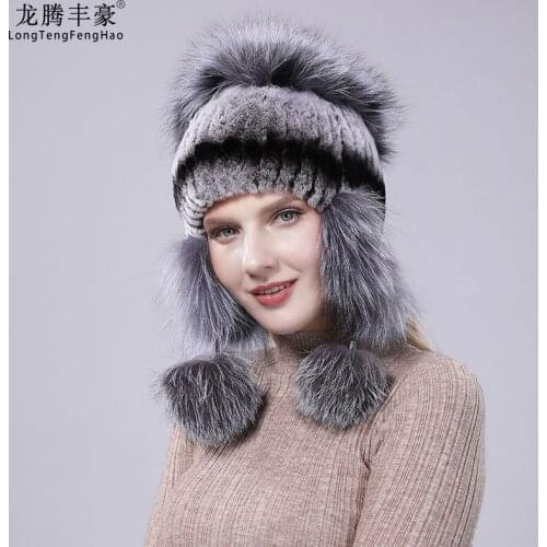 Warm Rabbit Fur Hat With Fox Fur Pattern 100% Natural Fur Leather Cap Ladies Knitted Wool Hat Earmuffs Ladies