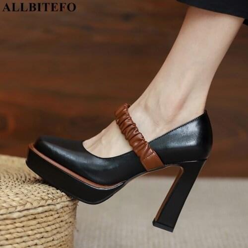 ALLBITEFO Flod Buckle Design Waterproof Comfortable Soft Genuine Leather High Heel Shoes Fashion Women Heels Shoes High Heels