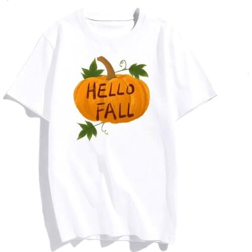 Women Lady T Shirt Hello Fall Letters Pumpkin Print Tshirt Ladies Short Sleeve Tee Shirt Women Female Tops Cloth Graphic T-shirt
