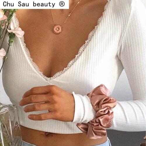 2021 Women Sexy Slim Lace Spliced Backless Bandage T-shirts Long Sleeve Deep V Neck Casual Pullover Cropped Club Tee top
