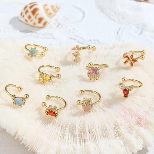 Summer Blue Sea Mini Gold Earrings for Women Colorful Zircon Dolphin Turtle Fish No Piercing Earcuffs Girls Fashion Jewelry Set