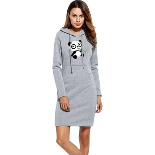 Women Autumn Winter Loose Longer Hoodie Panda Print Sweatshirts Casual Multi Pocket Drawstring Long Sleeve Sweatshirt Dress