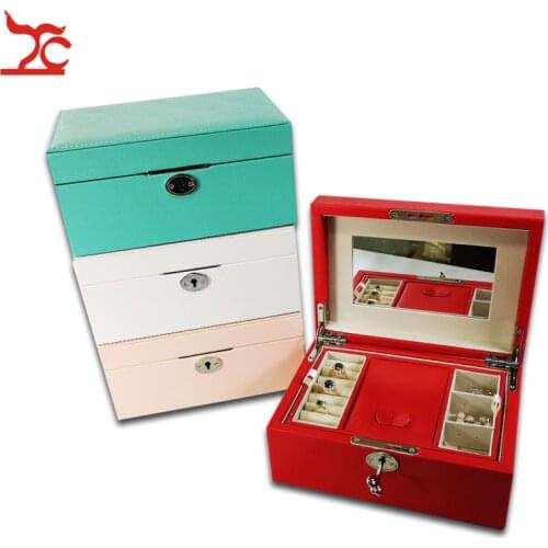 4 Colors Fashion Cosmetic Jewelry Casket 2 Layer Leather Makeup Earring Ring Stroage Organizer Box With Lock Opener Boite Bijoux