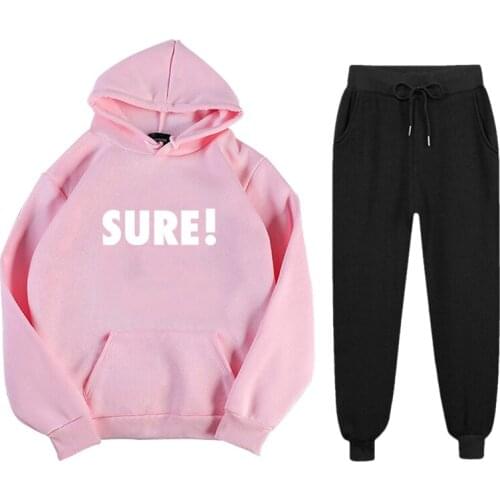 Abrini Women Pink Fleece Pullover Sets Autumn Lettering Hoodies and Trousers Tracksuits Sweatshirts Sets Women Autumn Winter