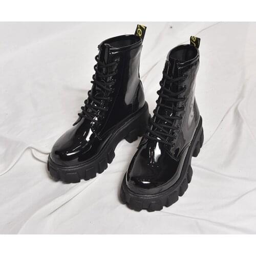 2020 Women Autumn Ankle Boots Thick Zip Girl Patent Leather Shoes Boots Women Botas Mujer Lace Up Short Boots New Fashion