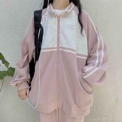 Kawaii zipper jacket Japanese preppy style sweet and cute pink Outerwear winter new ulzzang Harajuku casual loose sports jacket