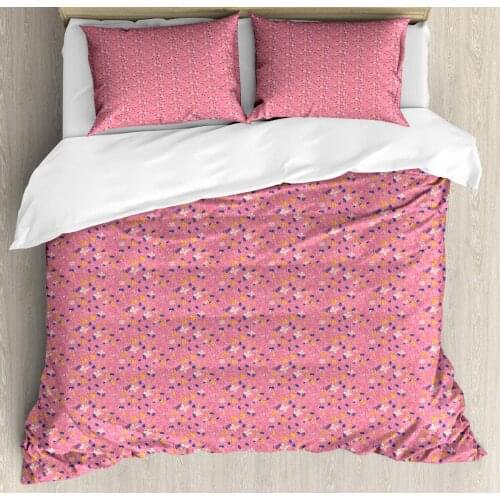 Floral Duvet Cover Set Clutter of Spring Flowers Drawn by Hand 3 Piece Bedding Set Pastel Pink