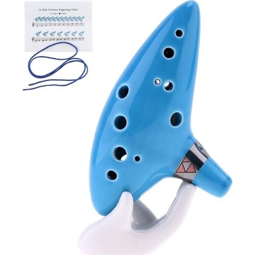 Alto 12 Hole Beautiful Ocarina Ceramic ToneC Flute Sky Blue Instrument with Neck Strap Cord and Music Book