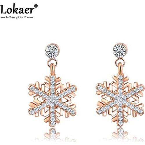 Lokaer Trendy Rose Gold Crystal Snowflakes Stud Earrings Jewelry Cubic Zirconia Wedding Earrings For Women Girls L2020476450