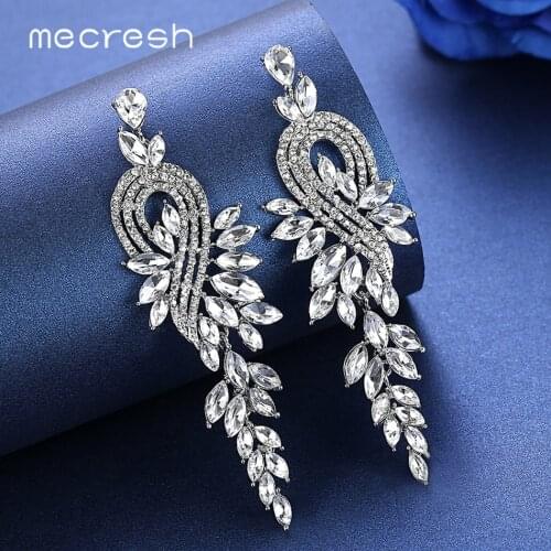 Mecresh Luxury Leaves Long Drop Earrings for Women Silver Color Crystal Hanging Dangle Earrings Wedding Korean Jewelry MEH946