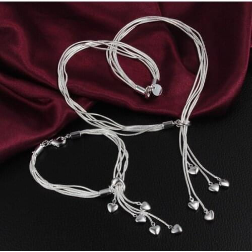 Fashion Women 925 Sterling Silver tassels hanging heart Bracelets necklace Jewelry set Party Christmas Gift Girl student wedding