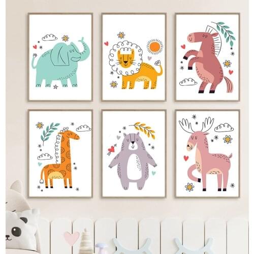 Cartoon Lion Elephant Giraffe Bear Donkey Deer Nordic Posters And Prints Wall Art Canvas Painting Wall Pictures Kids Room Decor