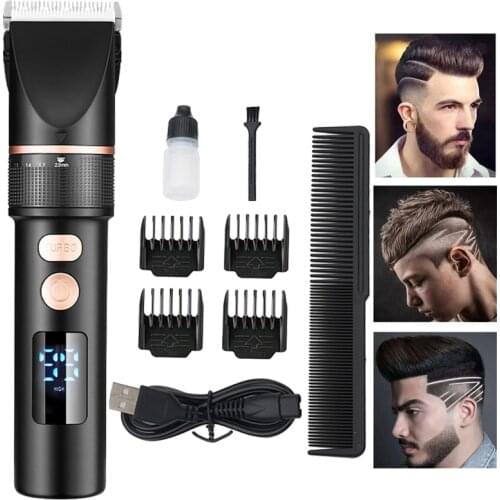 Mens Electric Hair Clipper Rechargeable Hair Cutter Stainless Steel Trimmer Head Men Hair Cutting Barber Machine LCD Display