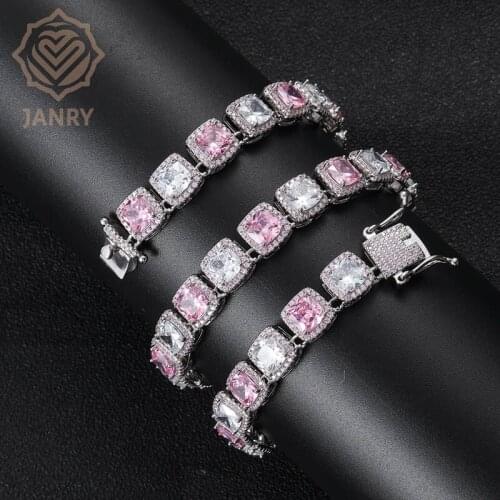JANRY New Hot 10mm Rock Sugar Zircon Hip Hop Men Necklace Square Color Pink White Zircon Bling Chain Necklace